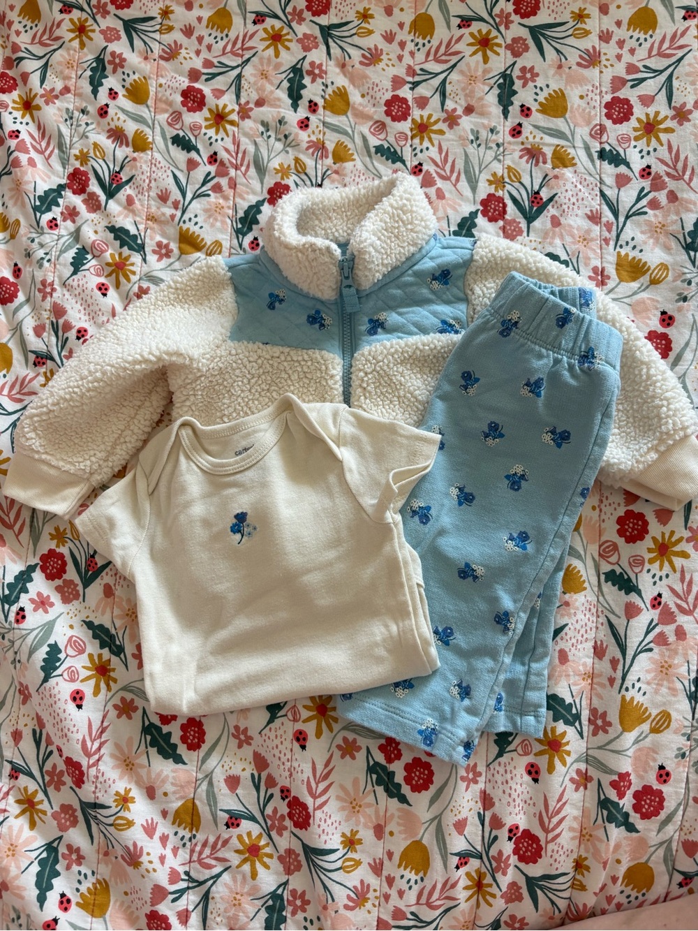 Carter's Cream Sherpa Jacket with Light Blue Floral Knit Set